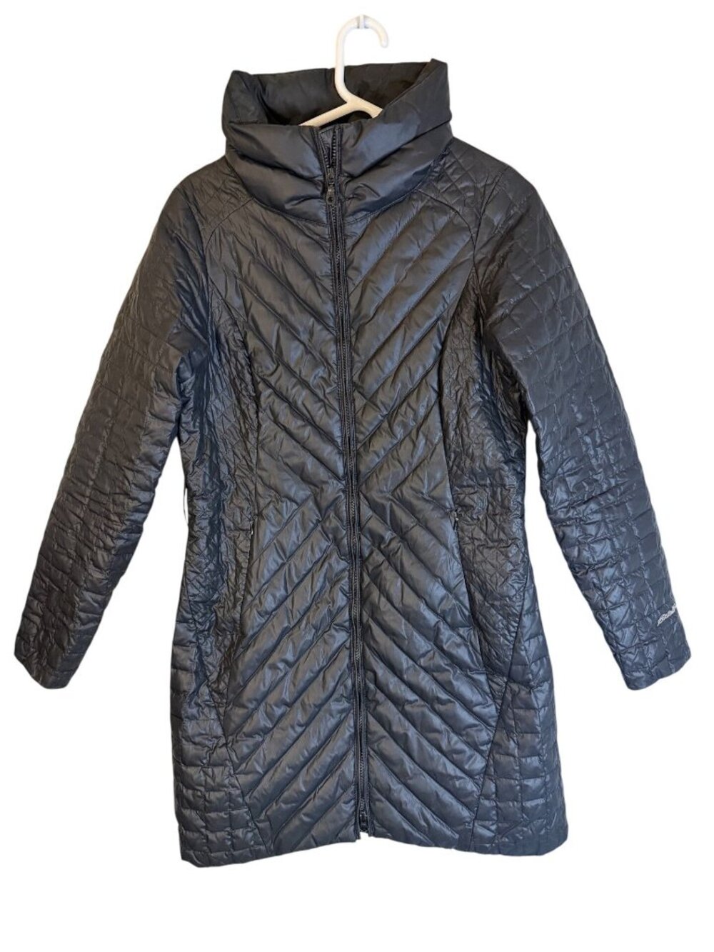 Eddie Bauer Long Down Filled Black Quilted Puffer Coat Small Winter Snow Outdoor